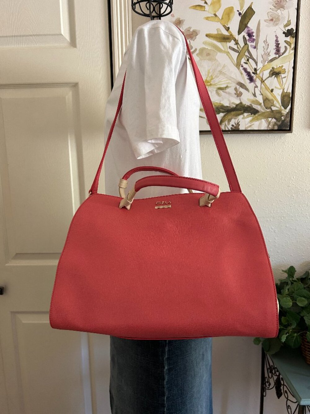Furla Coral-Red Leather Satchel with Gold Hardware